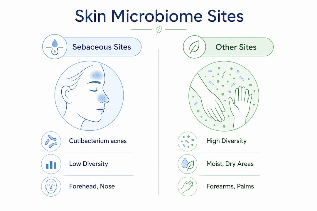 Infographic comparing skin microbiome sites and diversity