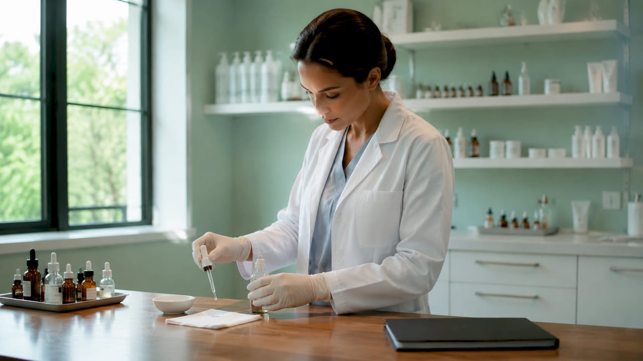 Dermatologist preparing topical serum for age spot treatment