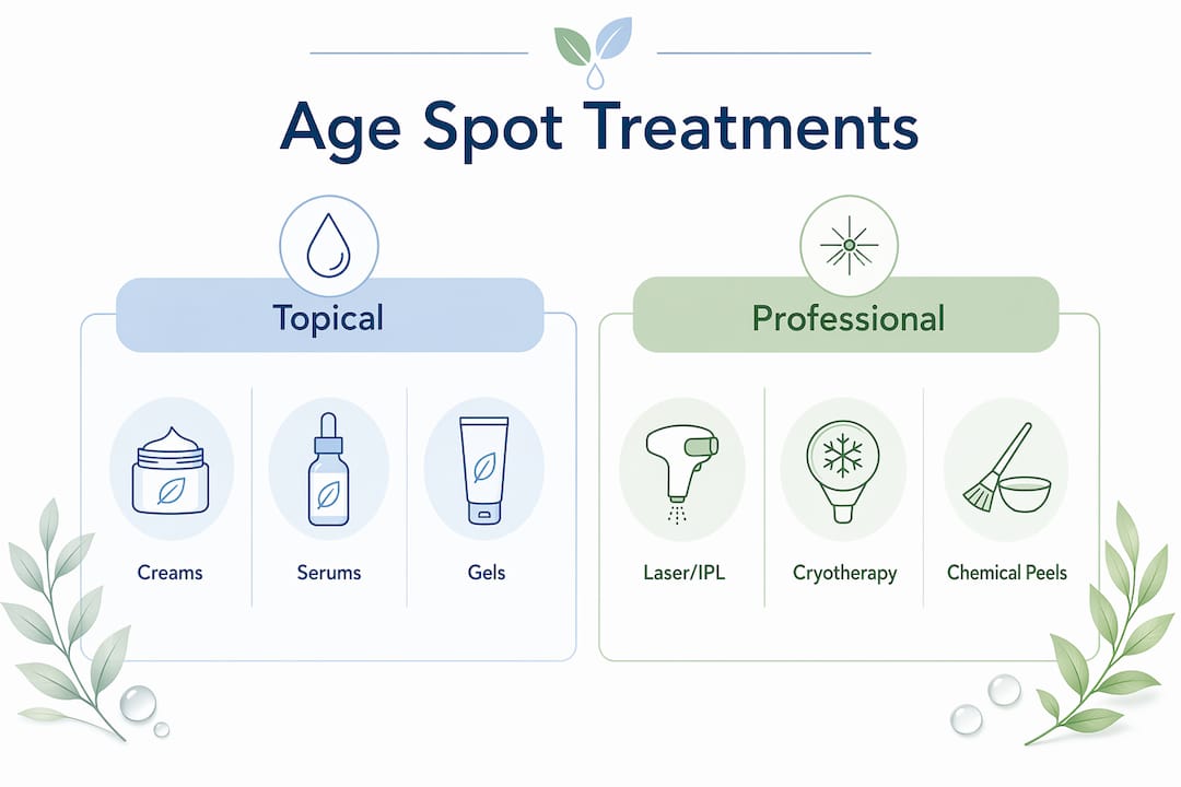 Infographic comparing topical and professional age spot treatments