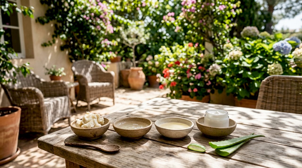 Bowls of moisturizing ingredients close-up overhead