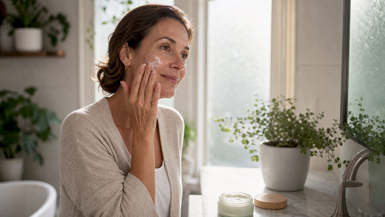Woman applying plant-based moisturizer to face
