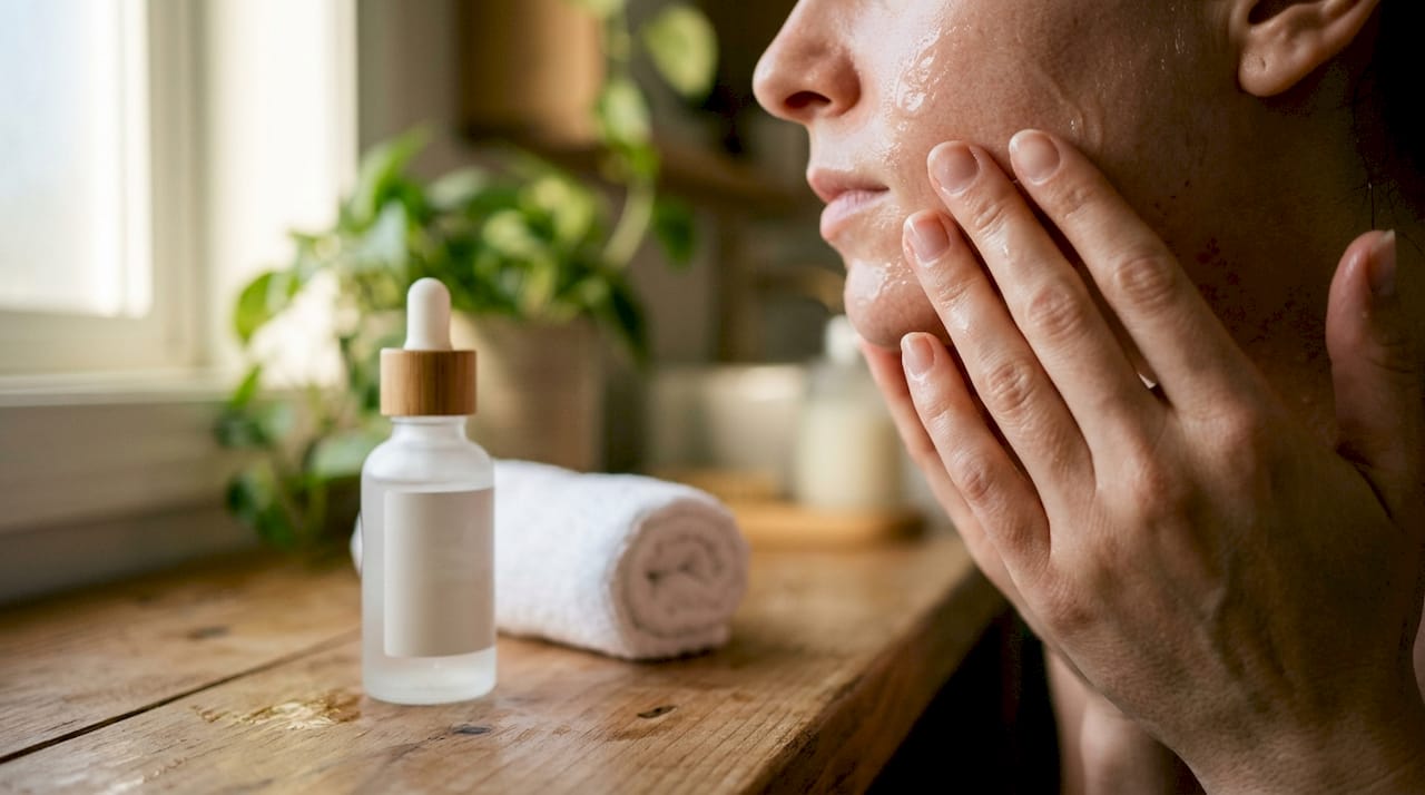 Close-up of hands applying exfoliant serum