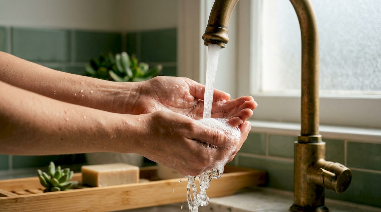 Hands rinsing organic cleanser with lukewarm water