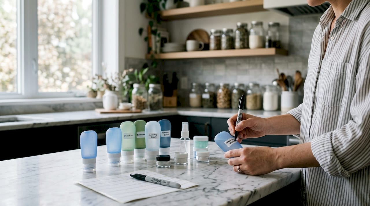 Hands labeling travel skincare bottles