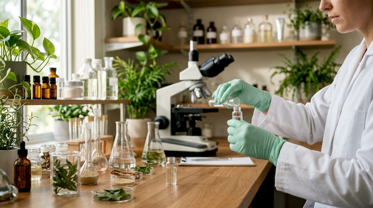 Scientist holding vitamin C serum test tube in lab