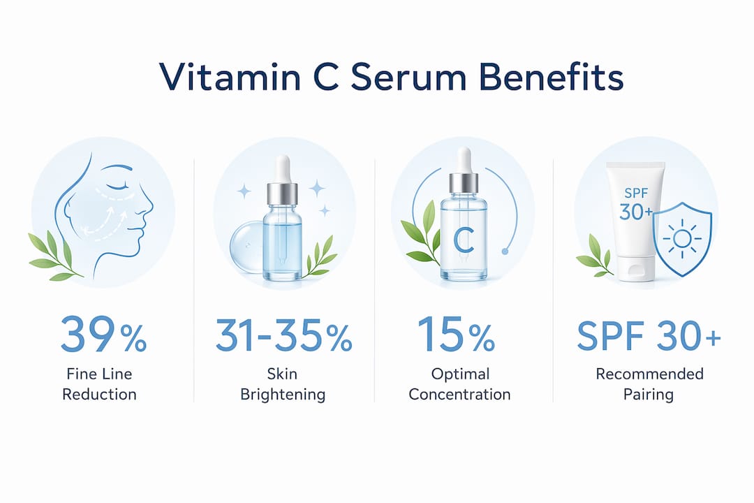 Infographic showing vitamin C serum key benefits and statistics