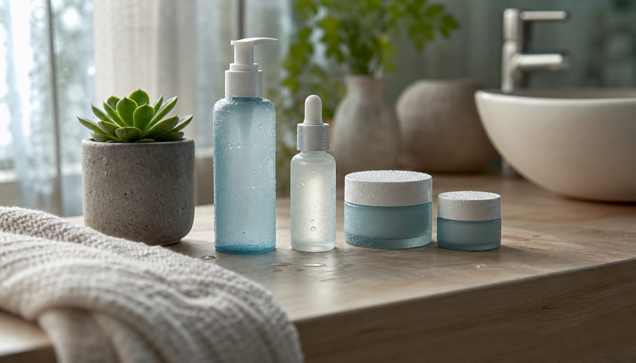 Close-up of skincare gift set products on marble