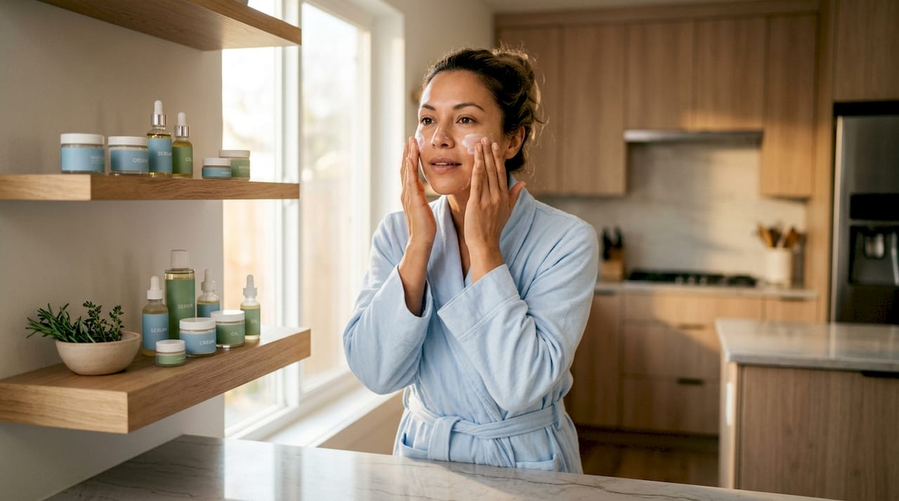 Woman applying moisturizer in modern bathroom