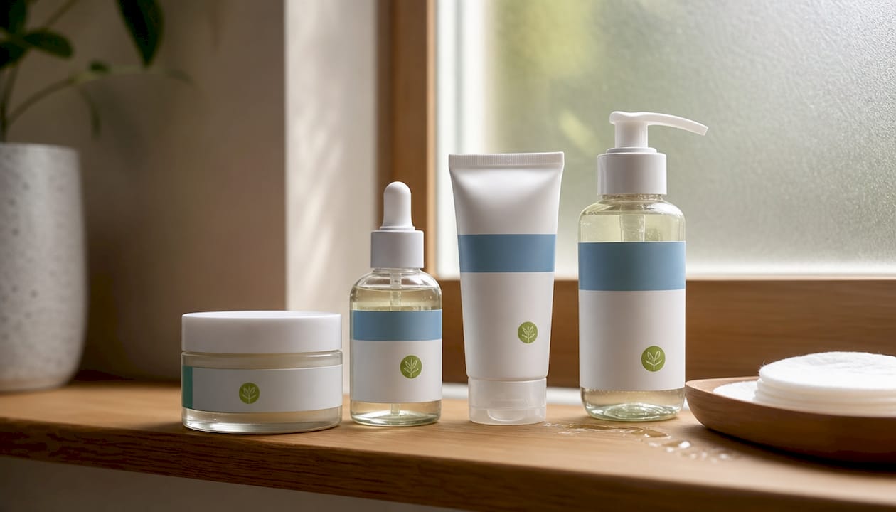 Close-up of skincare products on marble