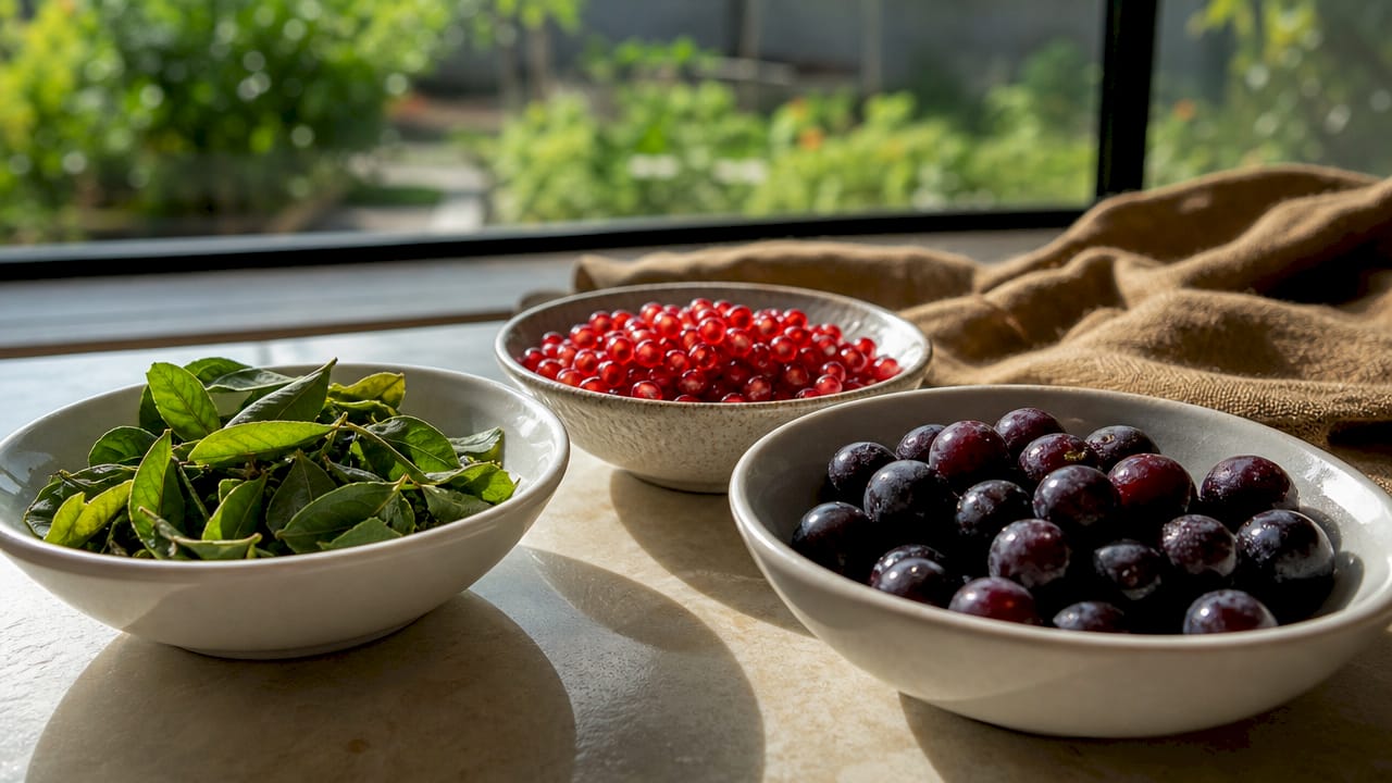 Natural polyphenol-rich skincare ingredients close-up