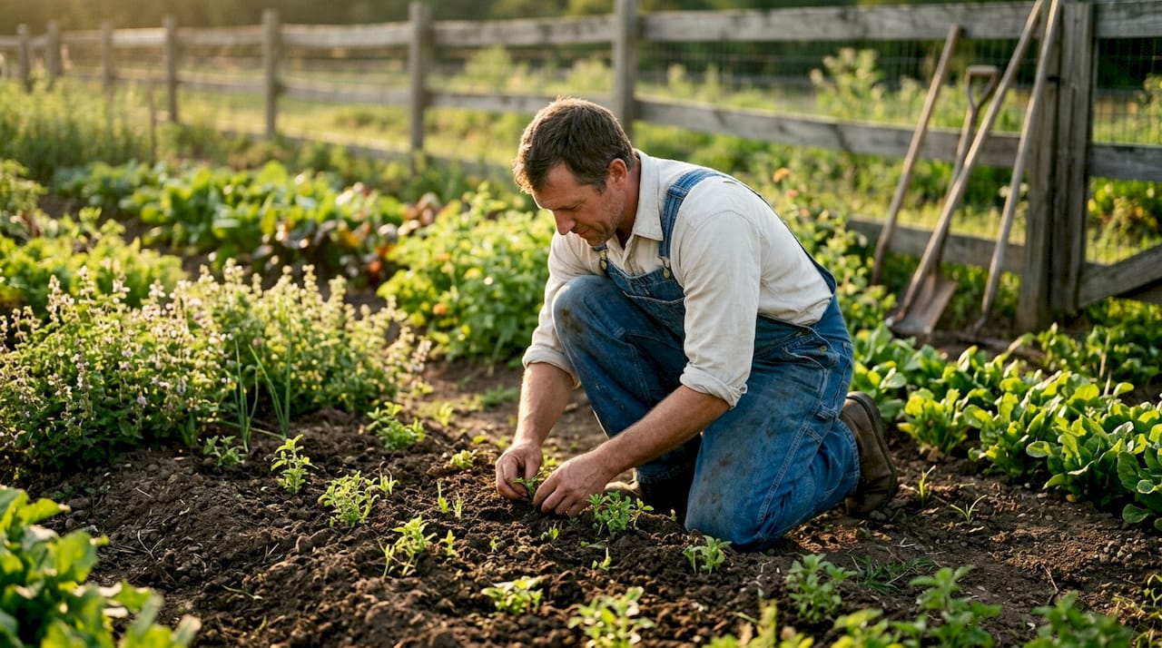 Farmer's hands holding rich soil on biodynamic farm