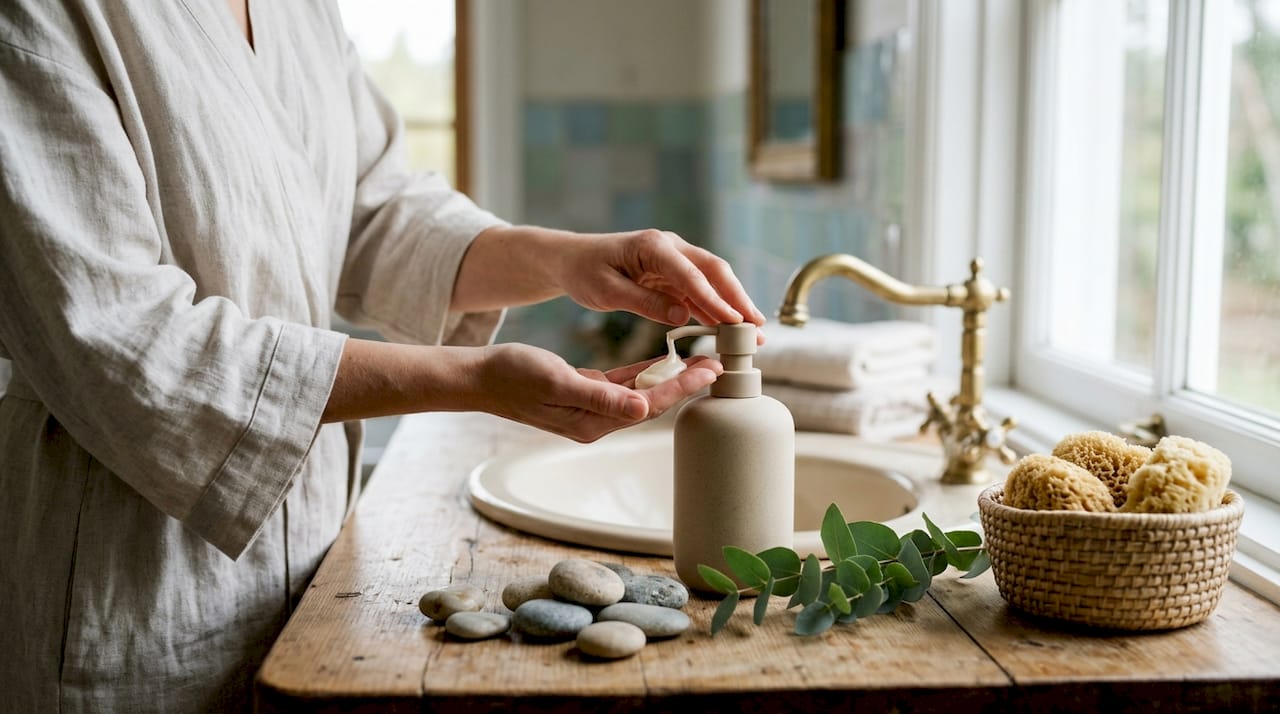 Close-up of hands with cleanser in bathroom