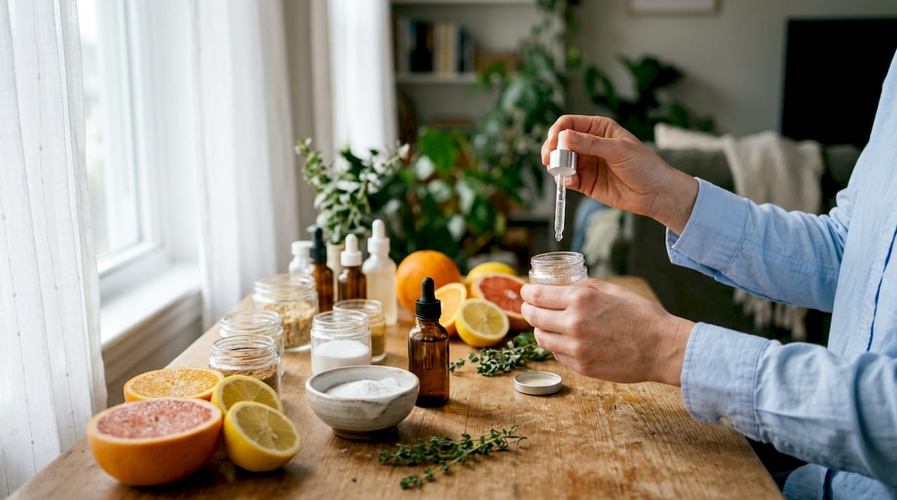 Hands preparing skincare ingredients on counter
