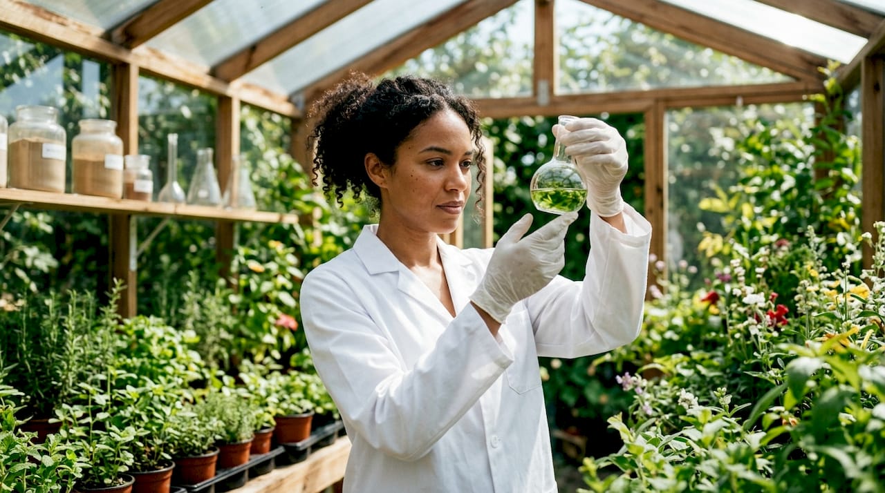 Hands holding glass flask with botanical skincare extract