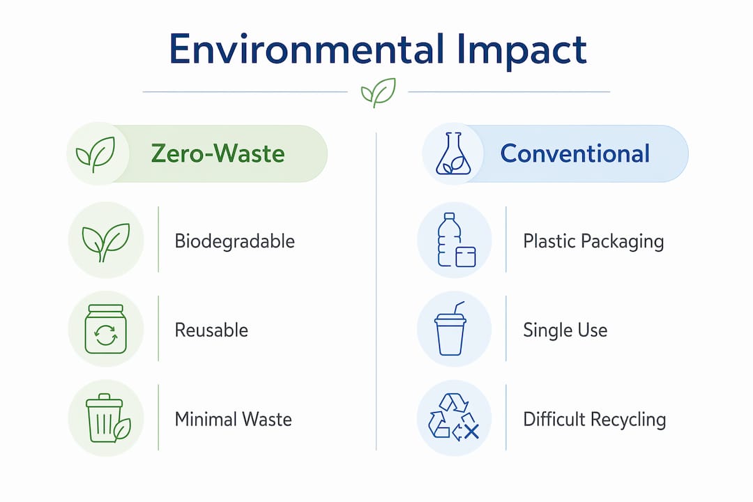 Infographic comparing zero-waste and conventional skincare impact