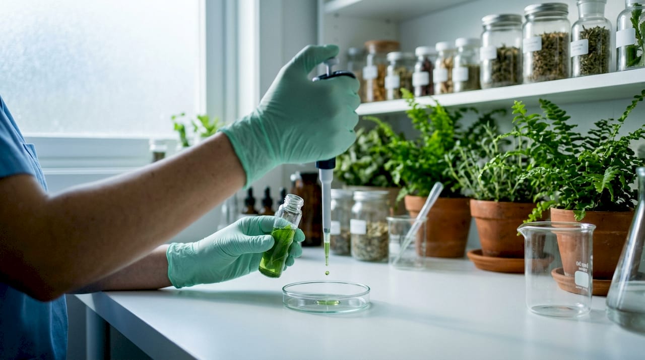 Hands holding plant extract in skincare lab