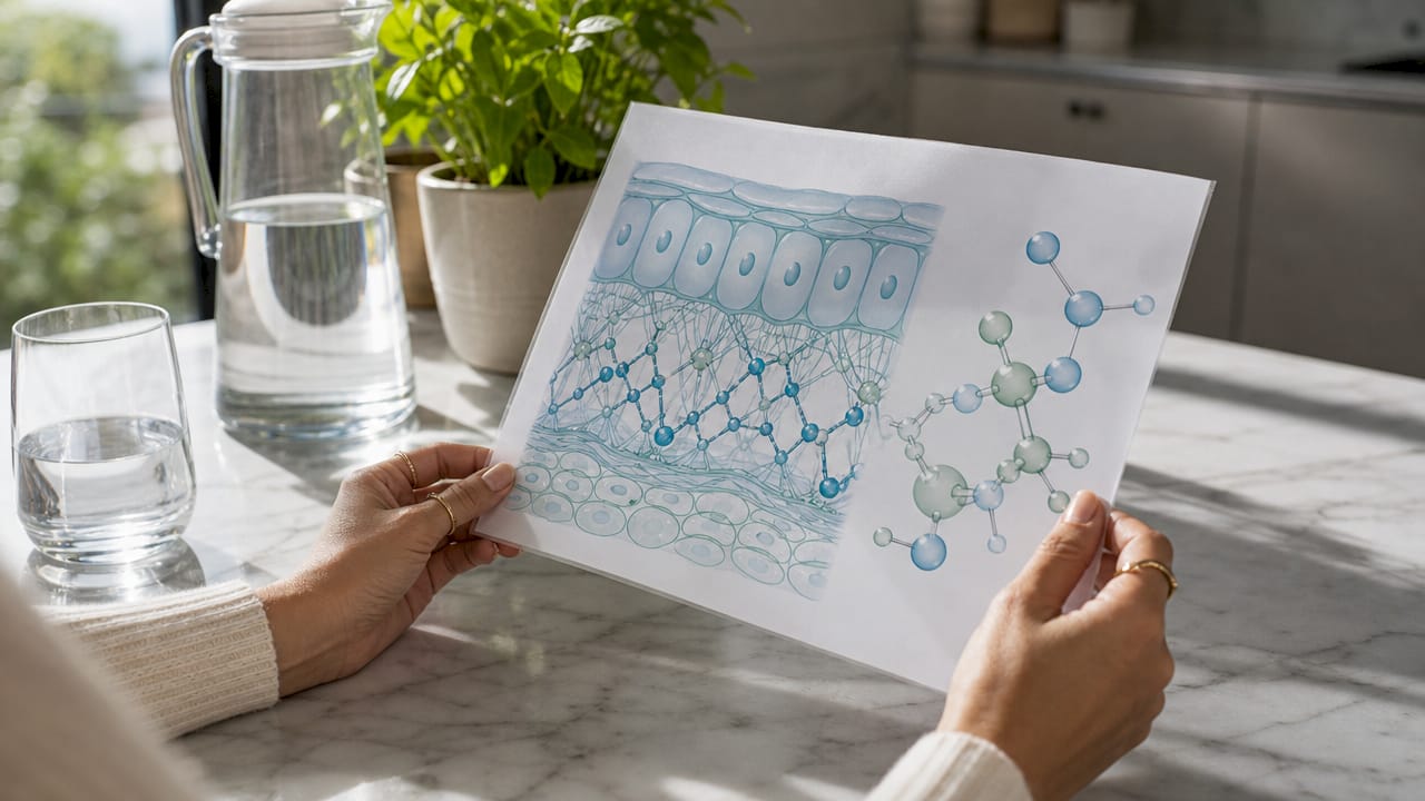 Hands holding skin cell molecular diagram chart
