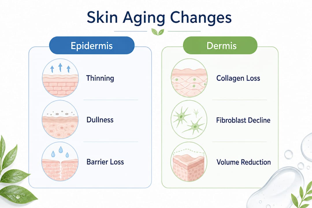 Infographic comparing epidermis and dermis aging changes