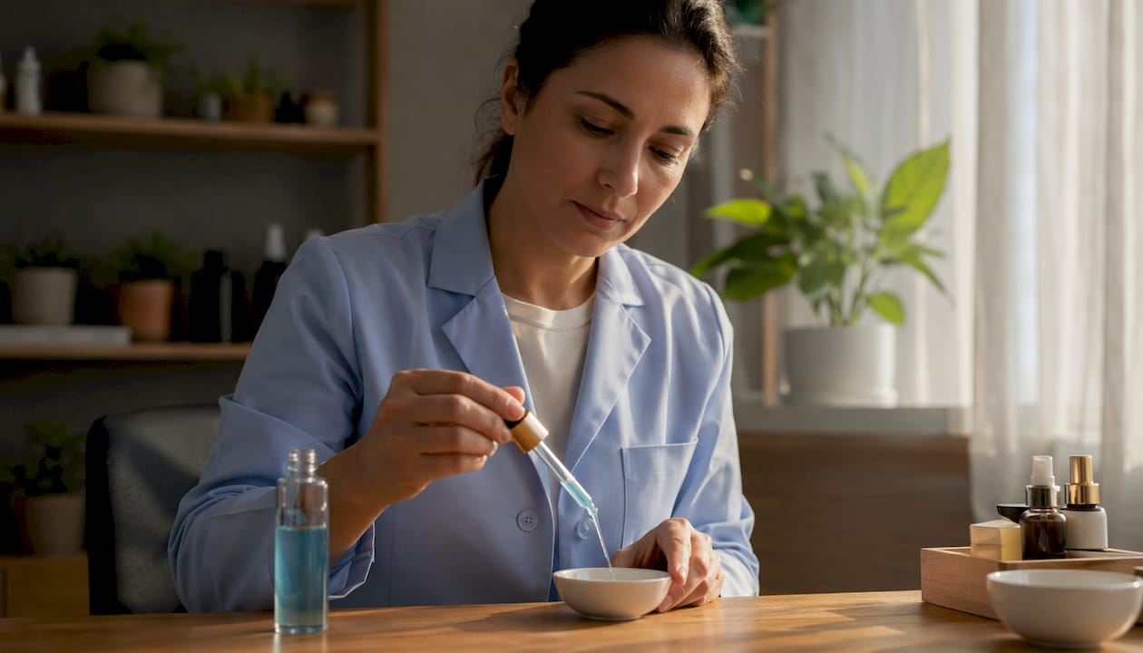 Dermatologist holding serum beaker close-up