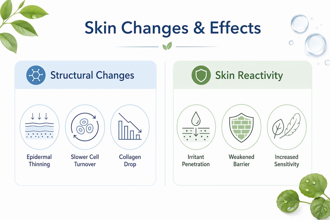 Infographic showing skin aging structural changes and effects on reactivity