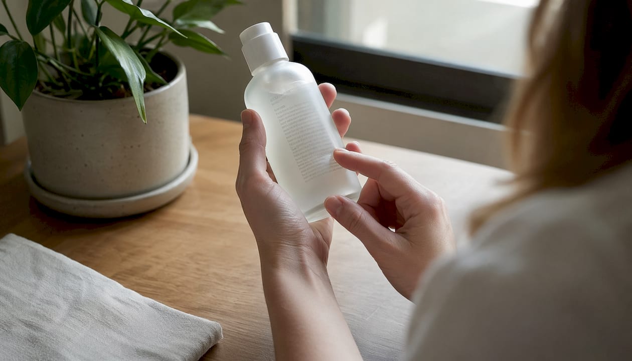 Hands pointing to skincare ingredient list on bottle