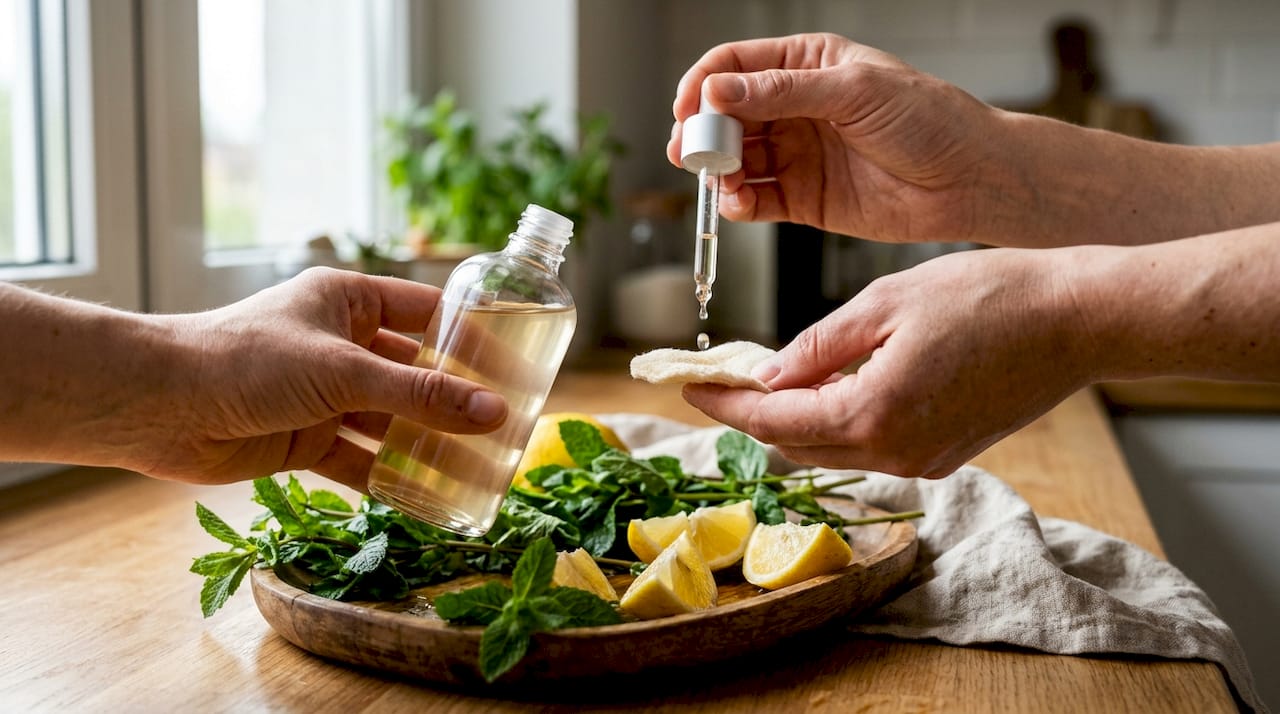 Close-up hands pouring natural astringent drops