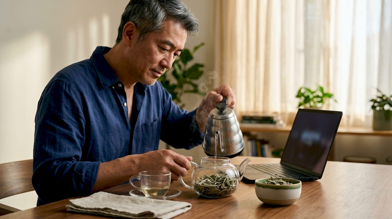 Man preparing herbal infusion for skincare