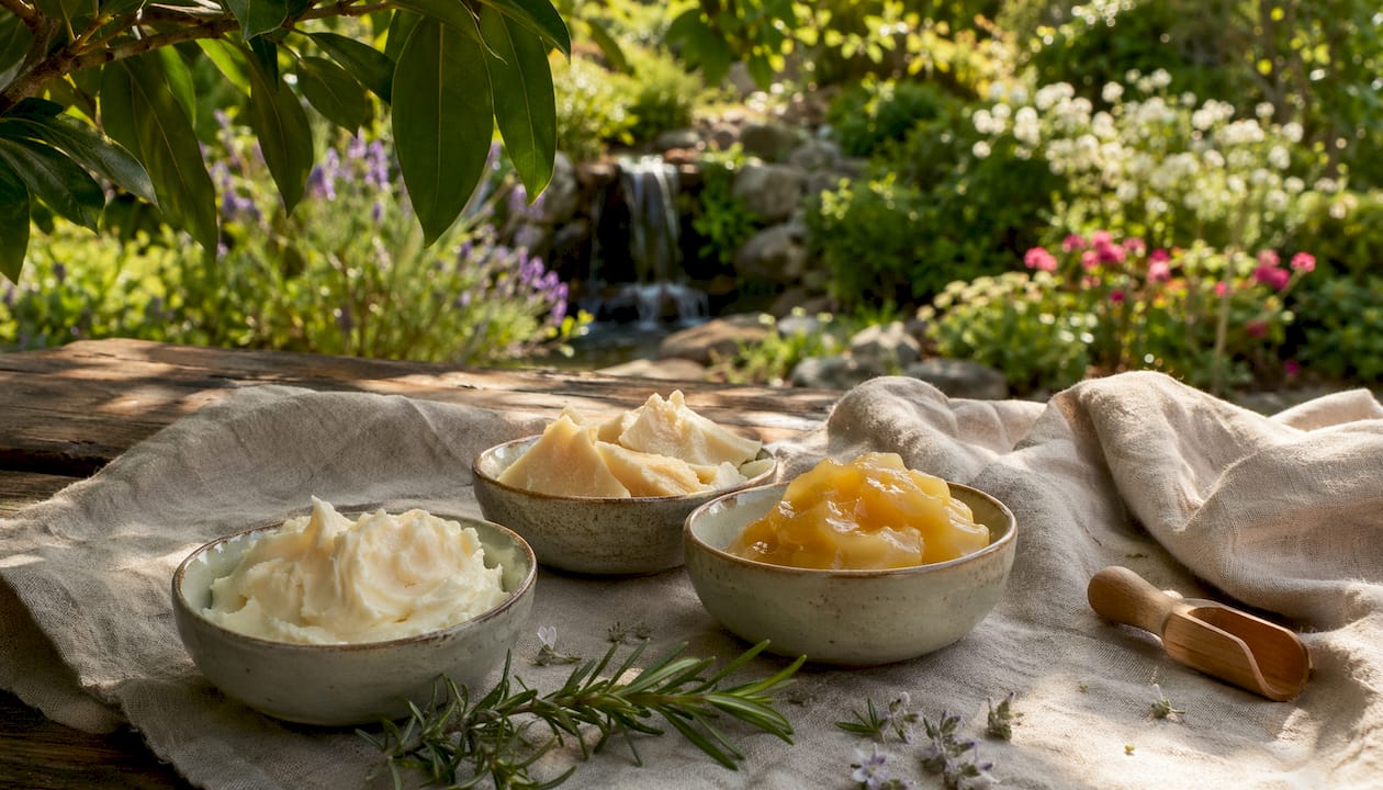 Glass bowls with shea and cocoa butter creams