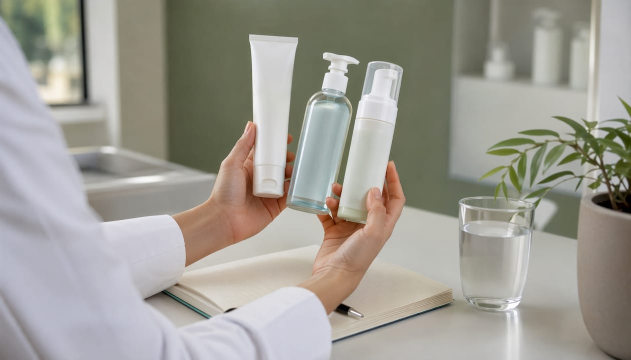 Dermatologist holding different cleanser bottles