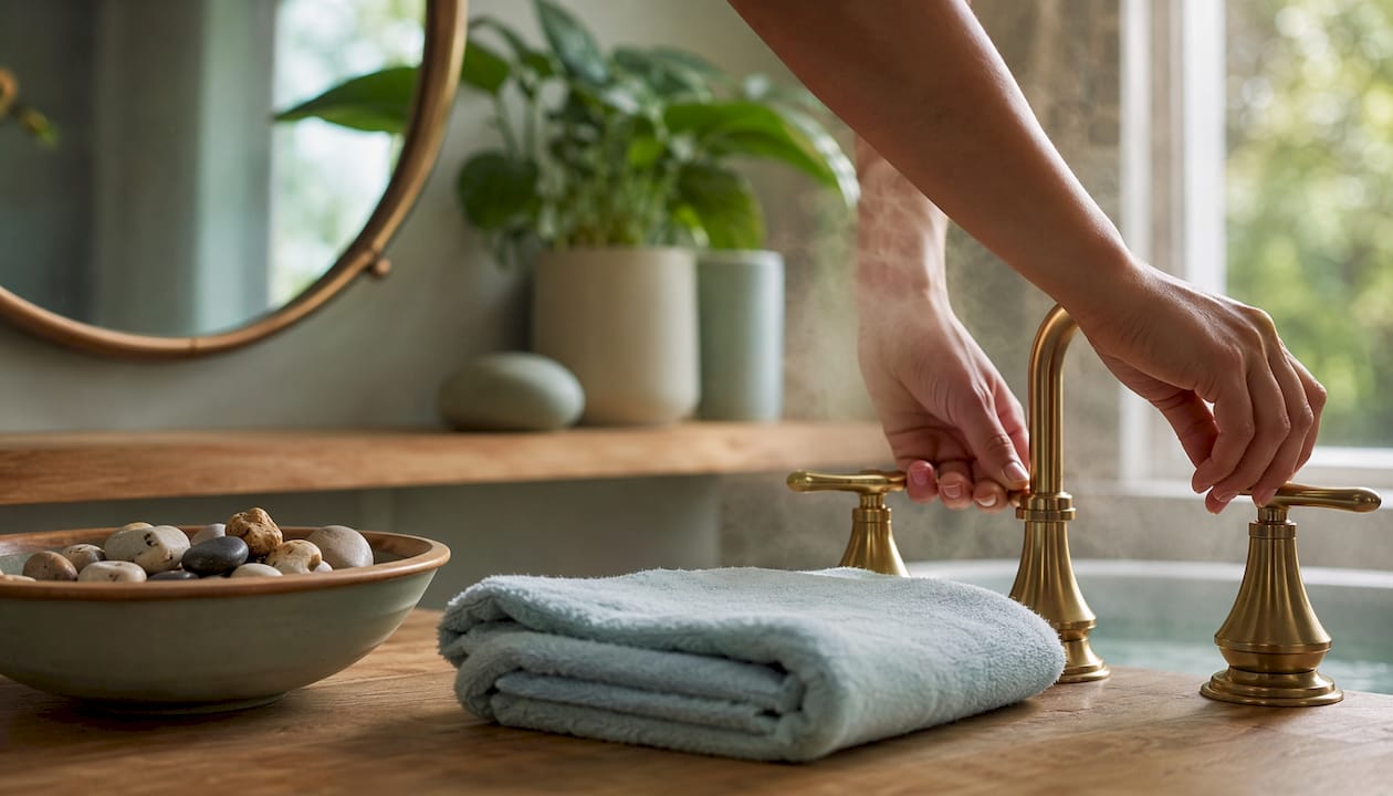 Hands adjusting faucet water temperature