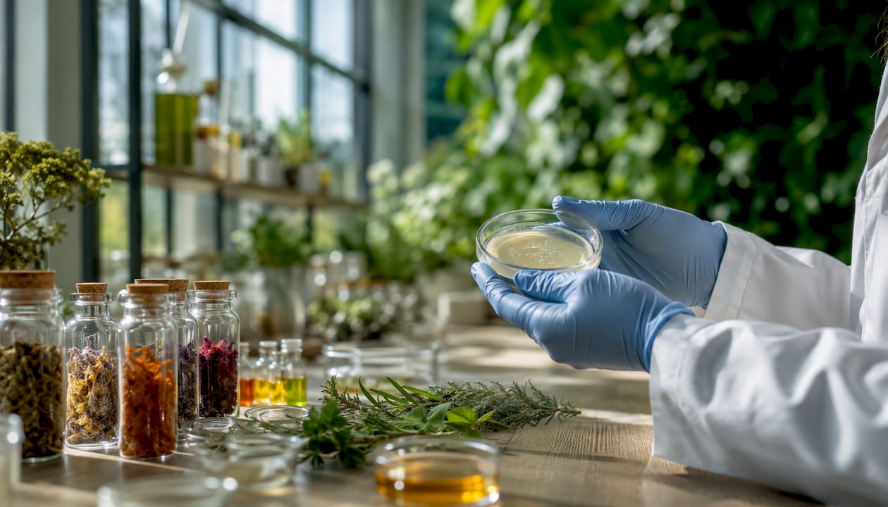 Scientist examining skincare gel in lab