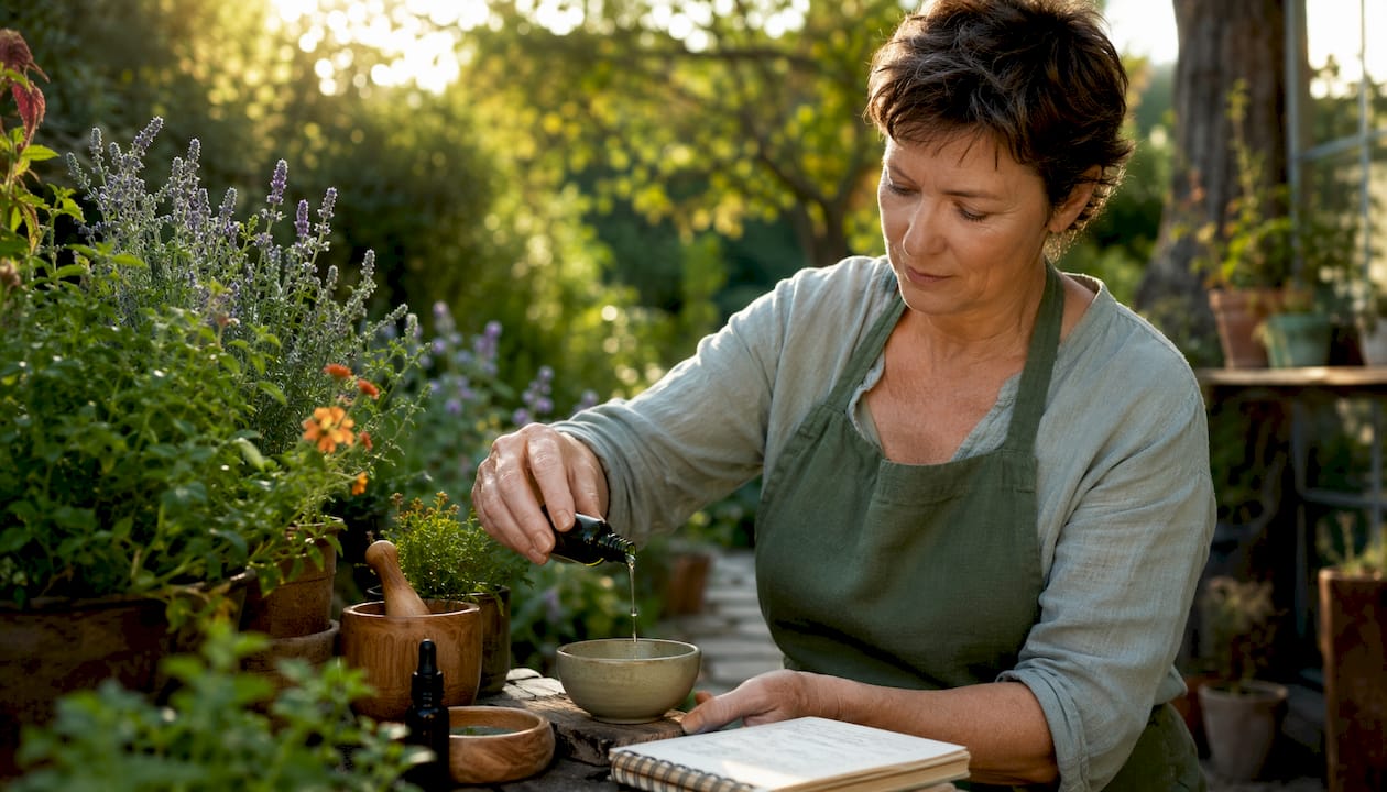 Herbalist preparing botanical self-care remedies