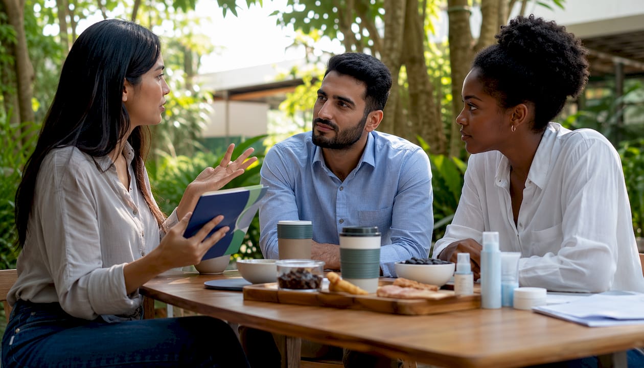 Team discussing skincare brand leadership in conference room
