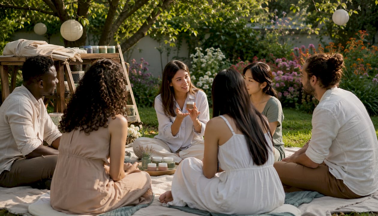 Founder sharing skincare product at rooftop community gathering