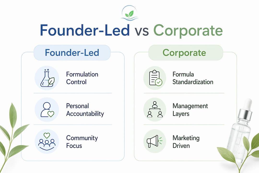 Infographic contrasting founder-led and corporate skincare brands