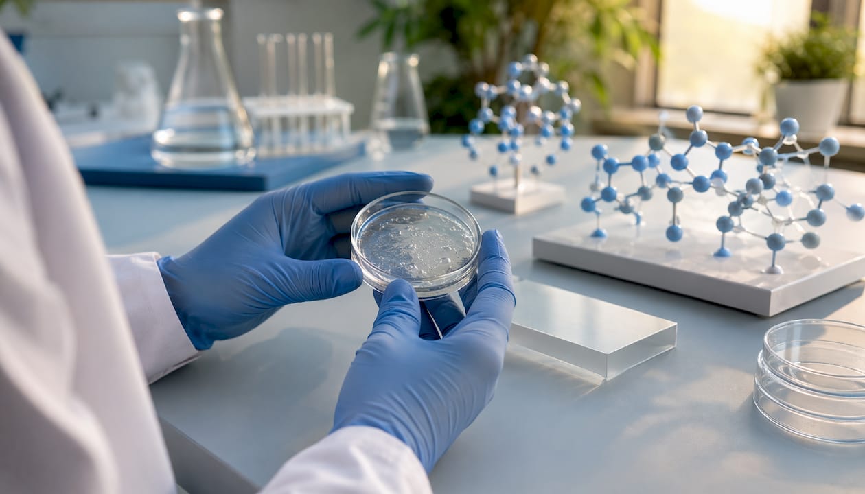 Hands holding petri dish with hyaluronic acid gel