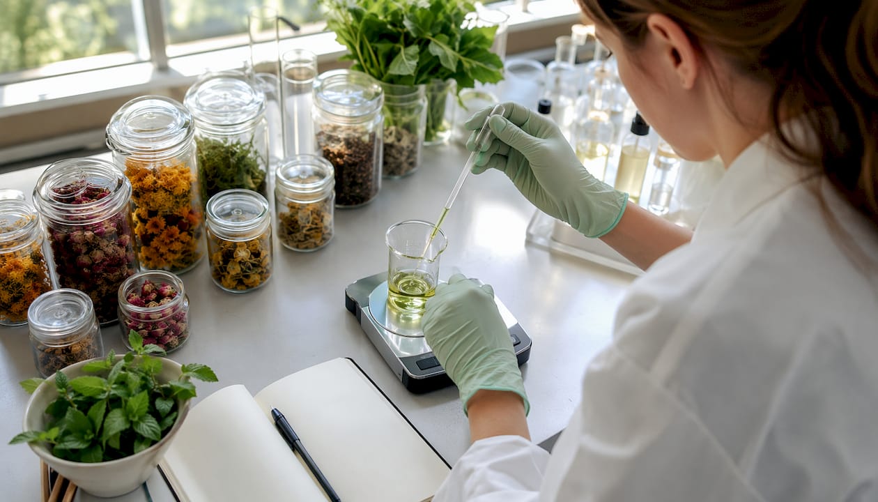 Hands mixing green tea extract in skincare lab
