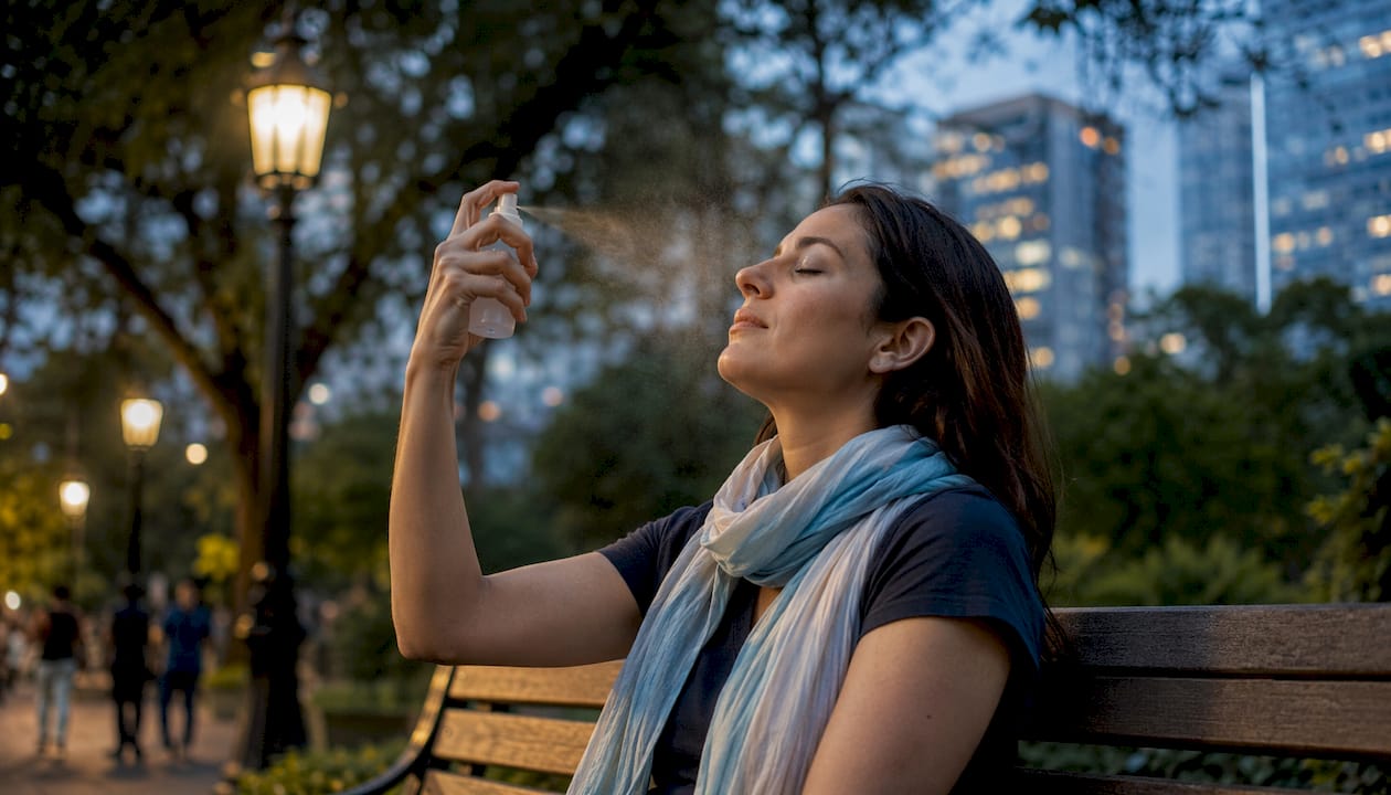 Woman applying facial mist in smoggy city street