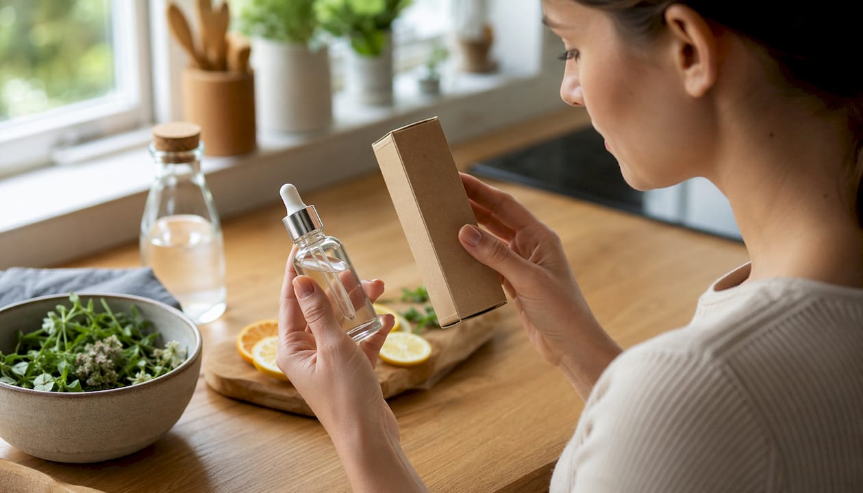 Woman reading skincare ingredient list on packaging