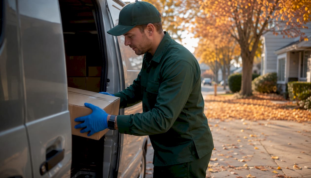 Delivery driver loading skincare package into van trunk