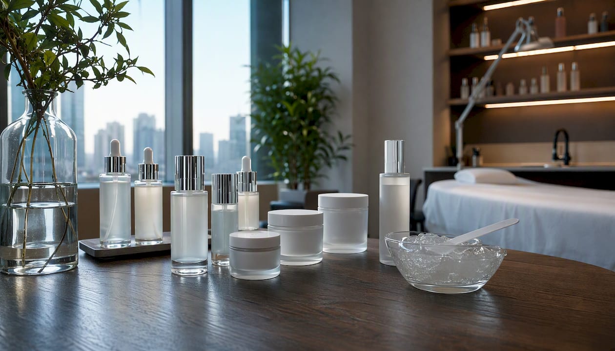 Professional Korean peel skincare products on clinical tray