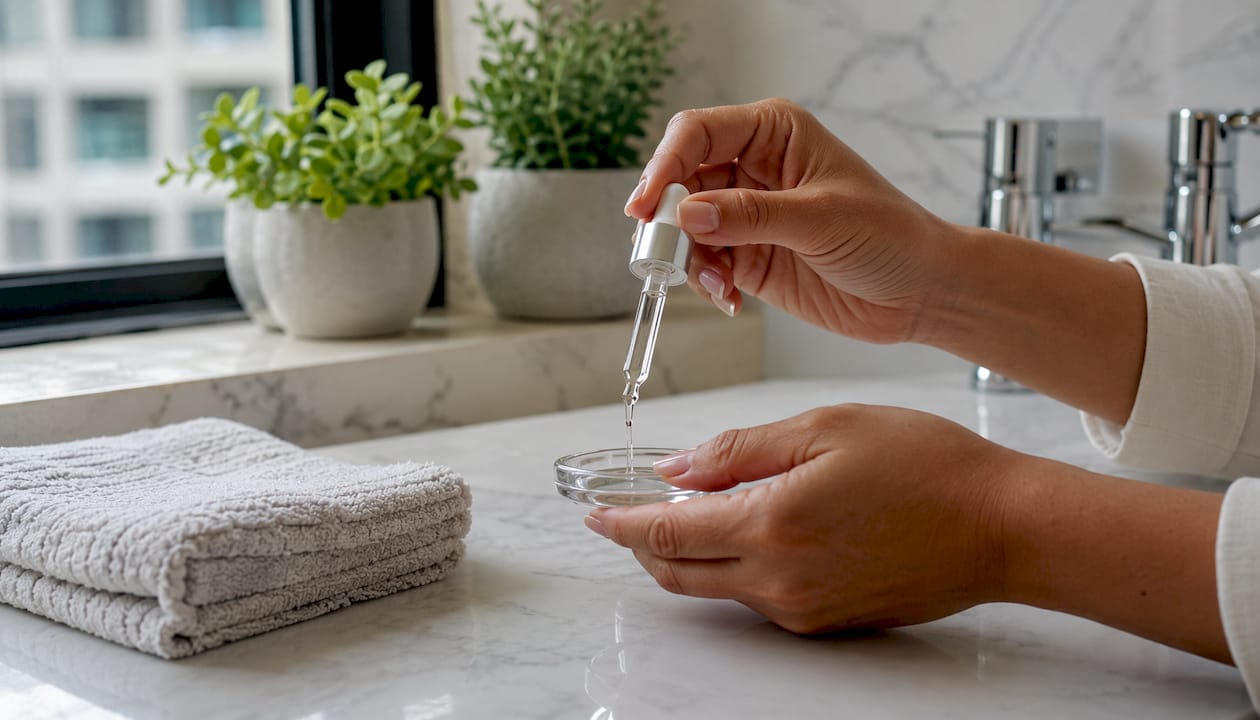 Hands dispensing skincare serum on palm