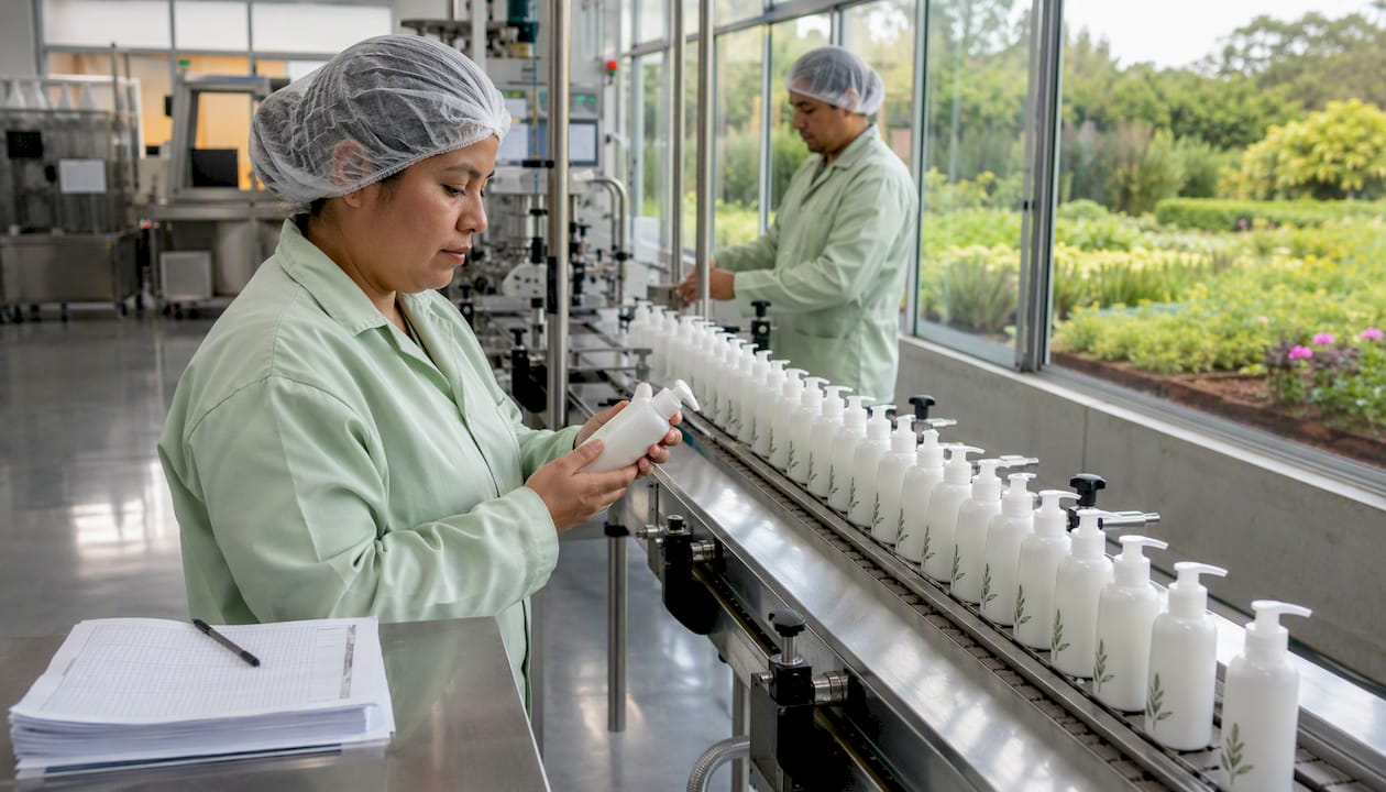 Plant-based skincare production line in factory