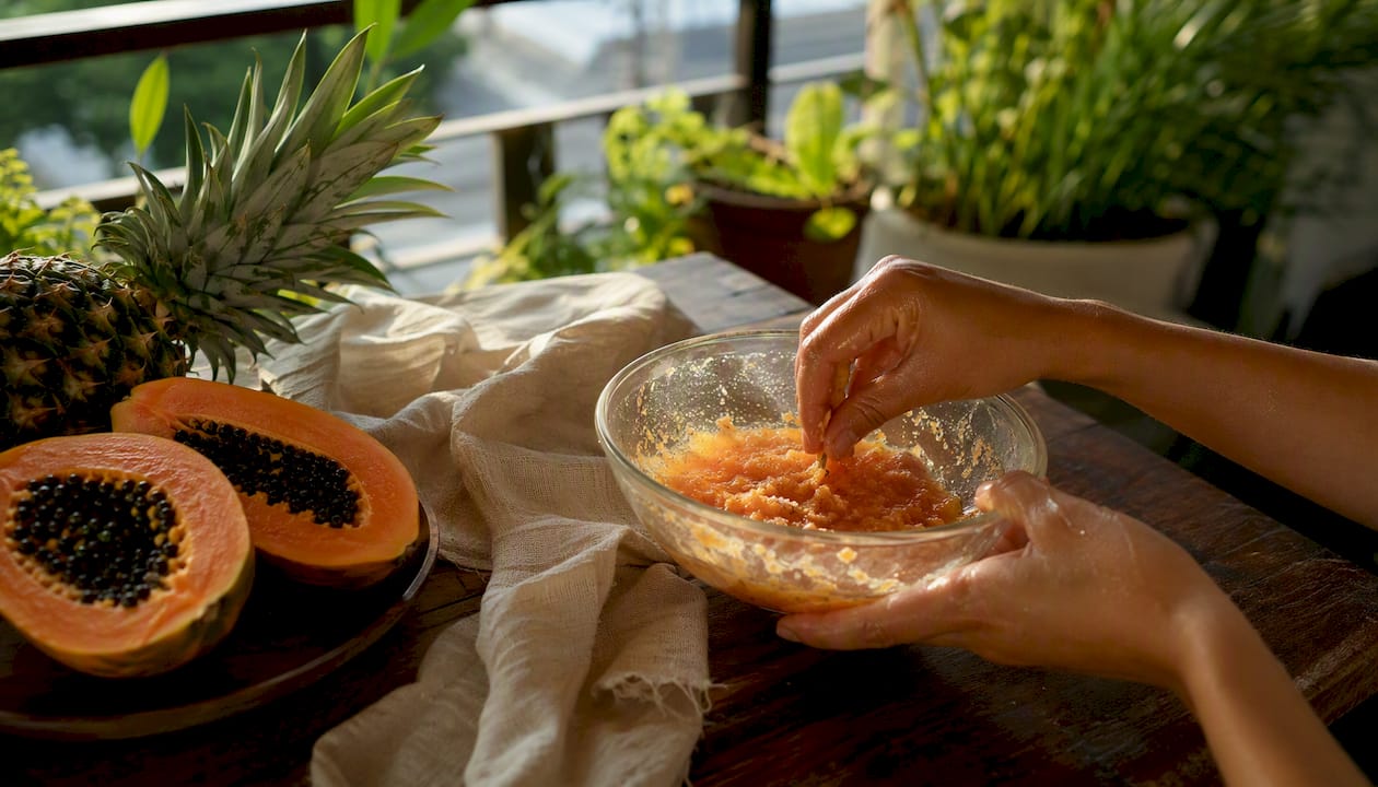 Hands preparing enzyme exfoliant at home