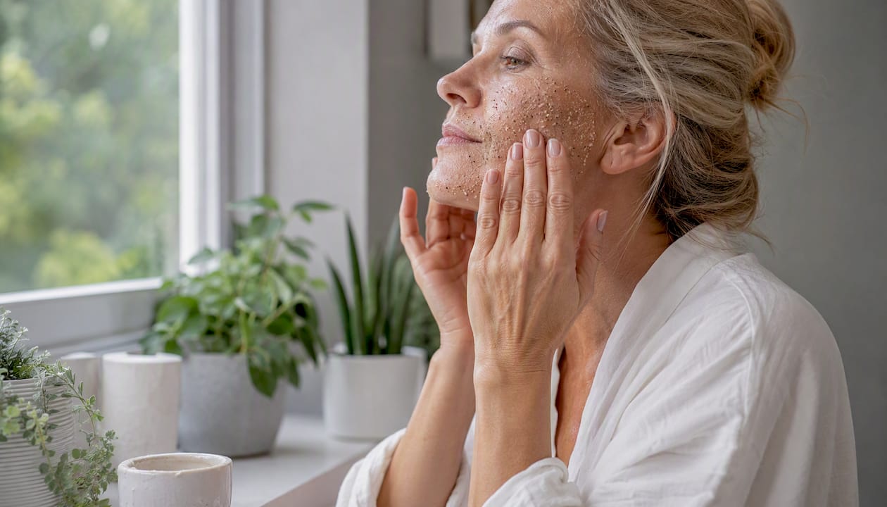 Close-up of mature woman exfoliating facial skin