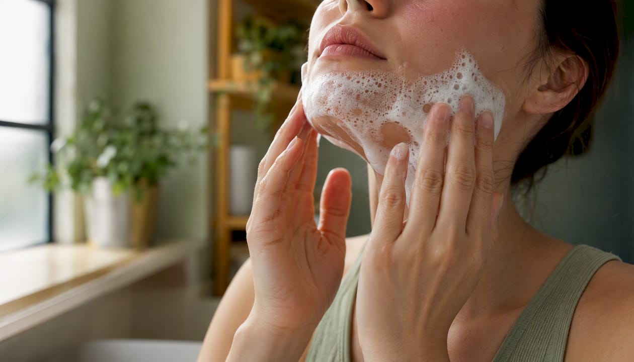 Hands applying foamy bubble face mask