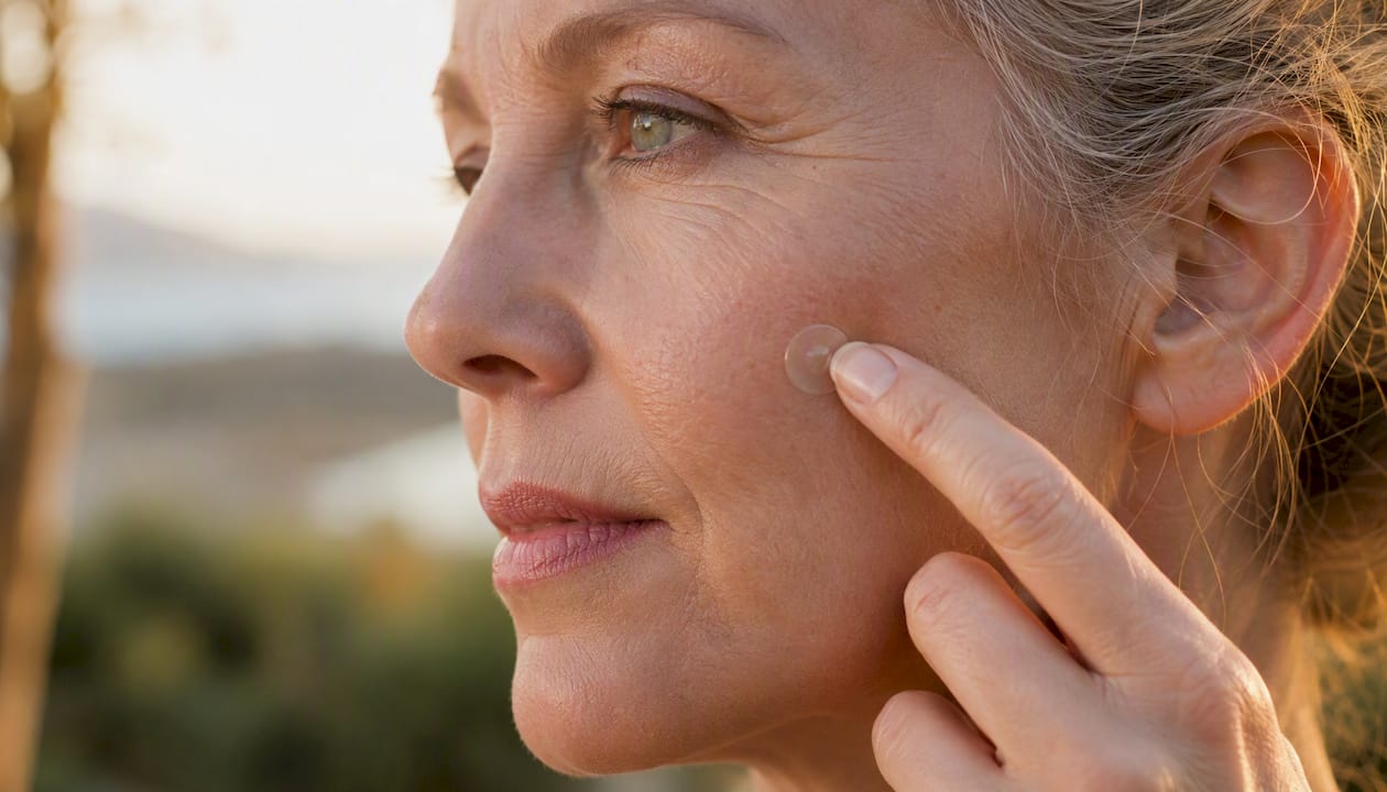 Close-up hydrocolloid pimple patch on cheek
