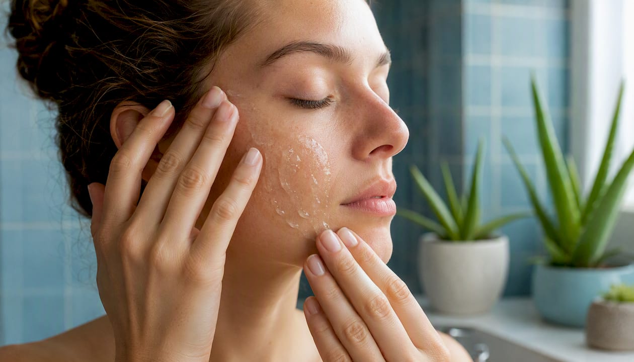 Hands applying gentle chemical exfoliant on face
