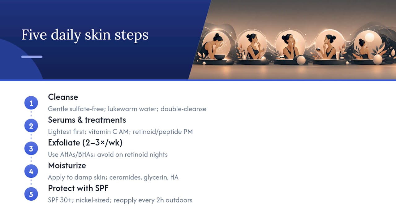 The five daily steps that form the core of any skin renewal routine — overview diagram