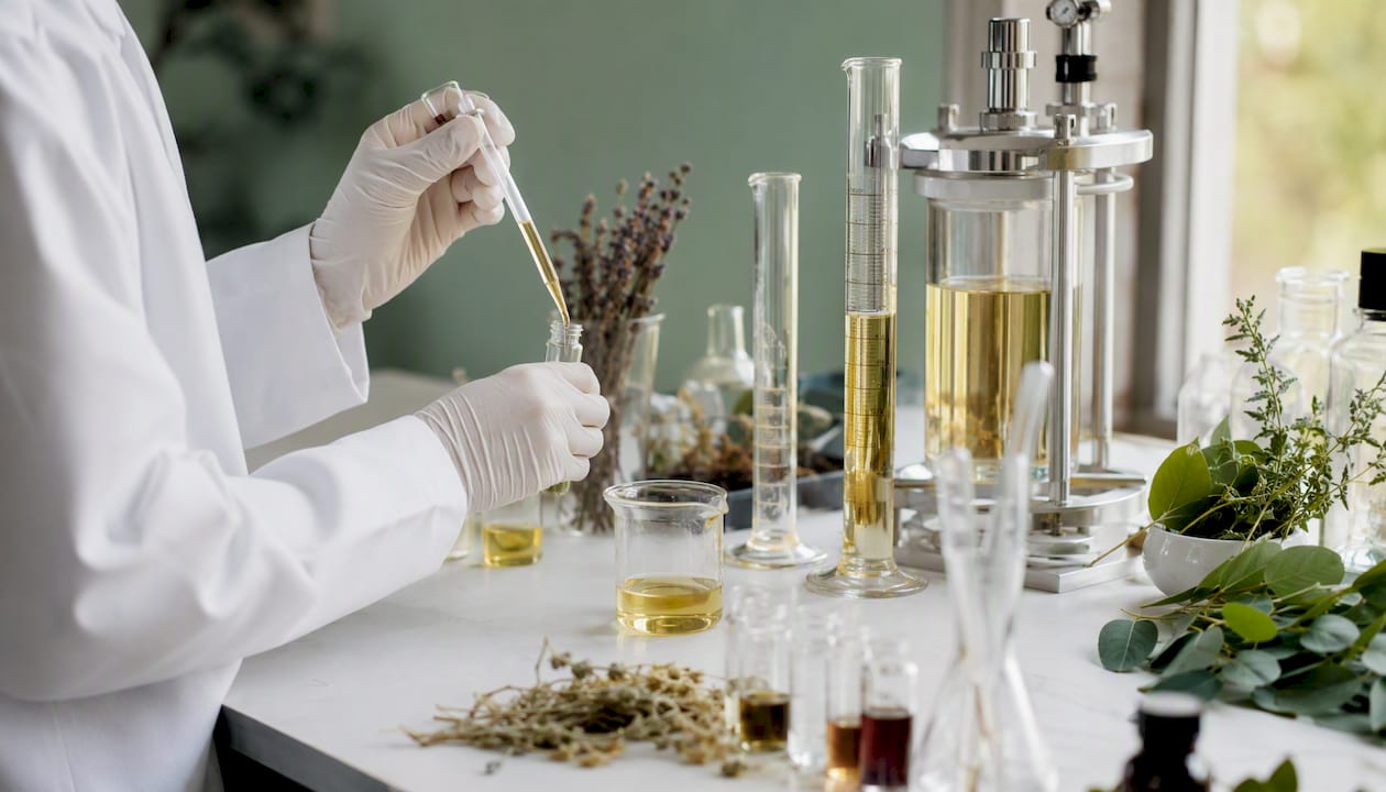 Hands working with herbal extract solvents in lab